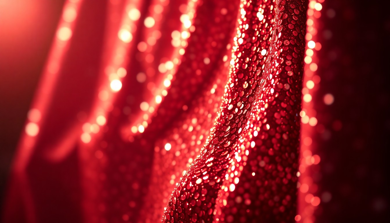An extreme close-up photograph of a shimmering, glittering sequin fabric illuminated by dramatic studio lighting, capturing the glamour and energy of a Broadway musical production.