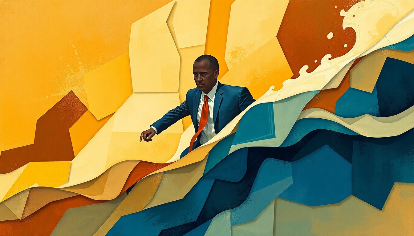 A vibrant, abstract painting in overlapping geometric shapes and brushstrokes of earthy browns, oranges, and blues, conveying a sense of motion and dynamism without depicting any specific political figures or symbols.