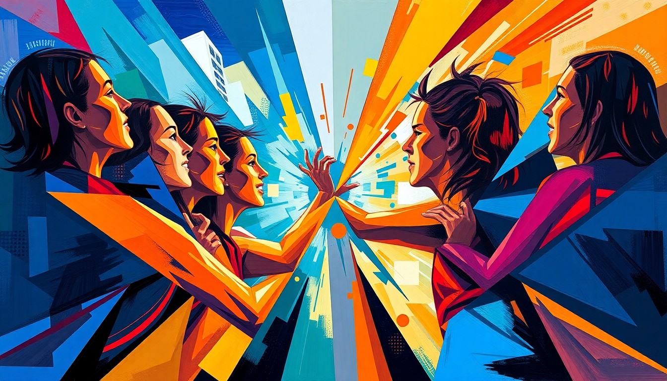 A fractured, multi-perspective painting in vibrant colors, breaking down the intense five-set volleyball match between the Indy Ignite and San Diego Mojo into sharp, overlapping geometric planes.