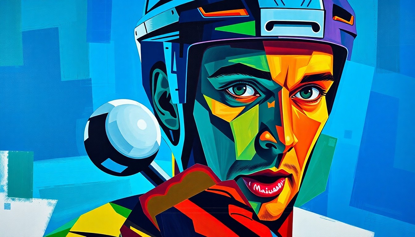 A fragmented, geometric painting depicting a hockey player's face and upper body, with sharp planes of blue, green, and red intersecting to create a dynamic, multi-angled representation of the player deflecting a puck away from his head.