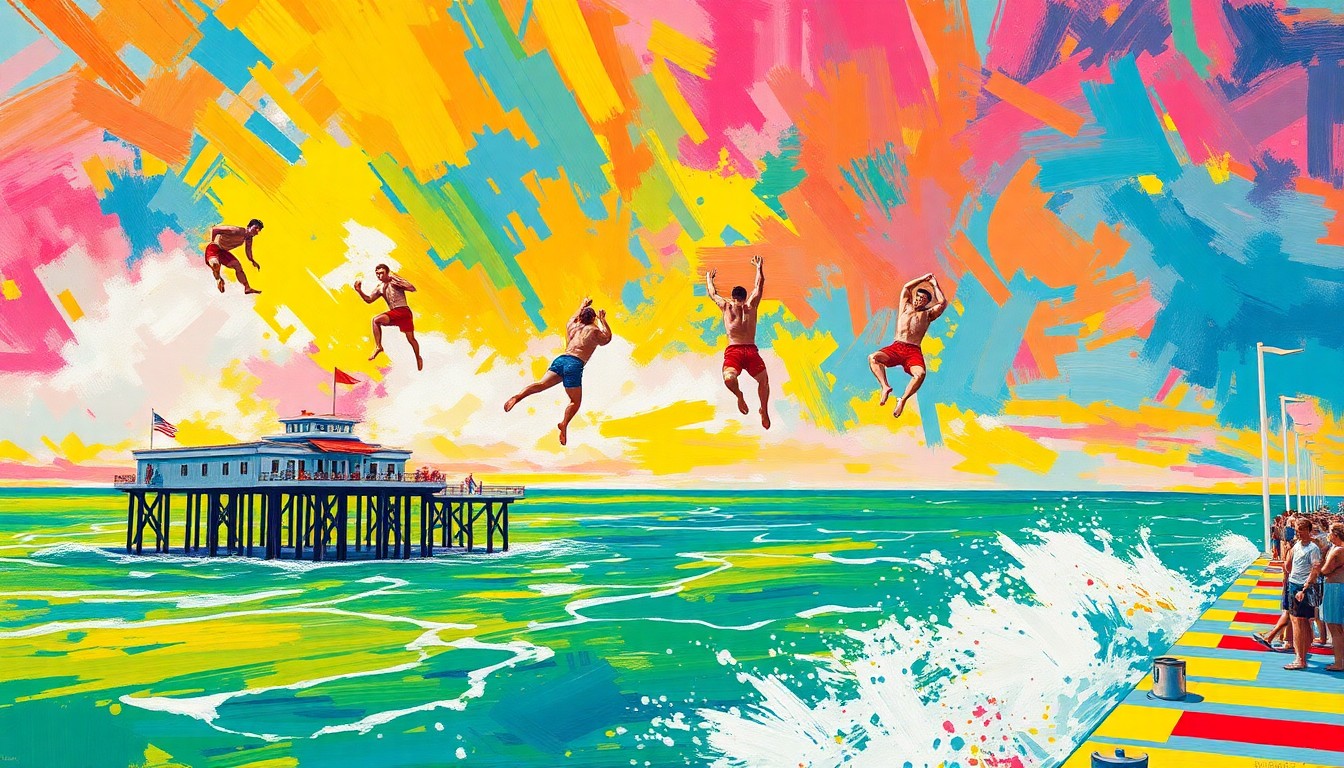 A vibrant, expressionist painting depicting the dynamic movements and raw energy of elite cliff divers leaping off a pier, with splashes of neon colors and rapid brushstrokes capturing the thrill of the sport.