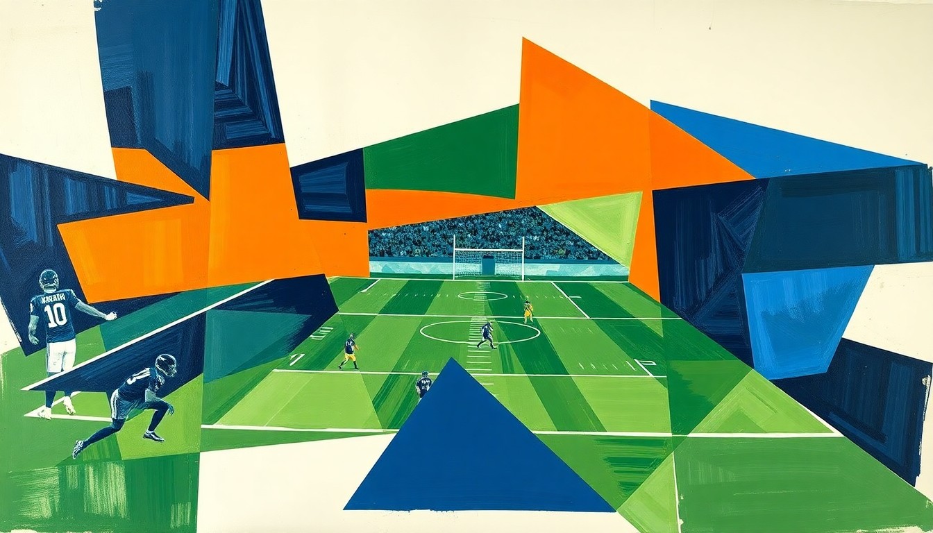 A cubist, geometric painting depicting a fragmented football game, with sharp planes of navy, green, and orange overlapping to create a dynamic, multi-perspective scene.