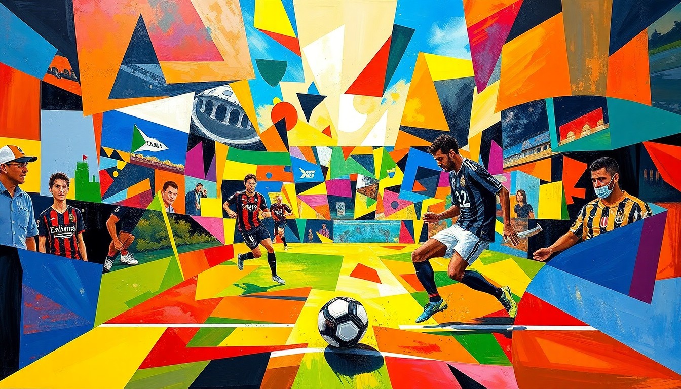A fractured, cubist-style painting depicting the dynamic movements and energy of a soccer match, with overlapping geometric shapes and planes of bright, vibrant colors representing the players, the ball, and the intensity of the game.