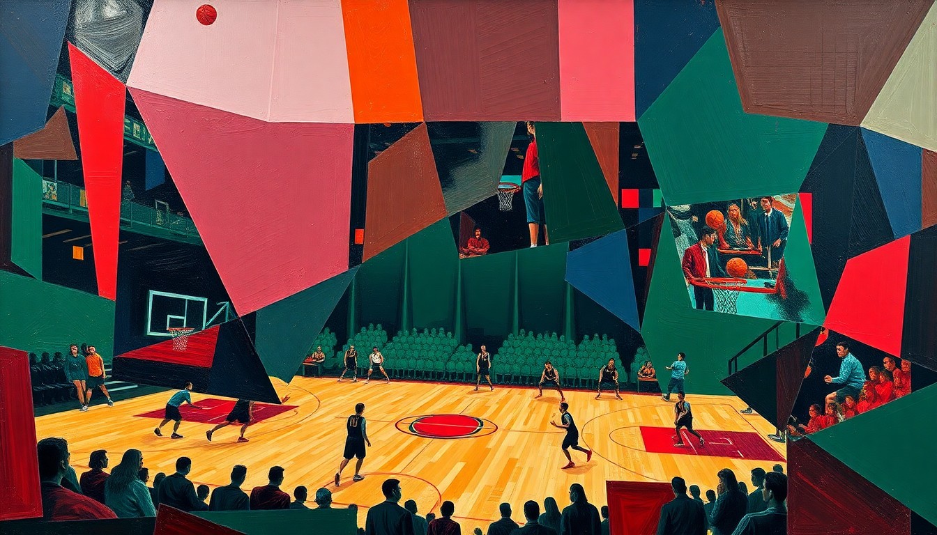 A fragmented, cubist-style painting depicting the dynamic movements and energy of a high school basketball game, with sharp geometric shapes in deep blue, green, and red tones.