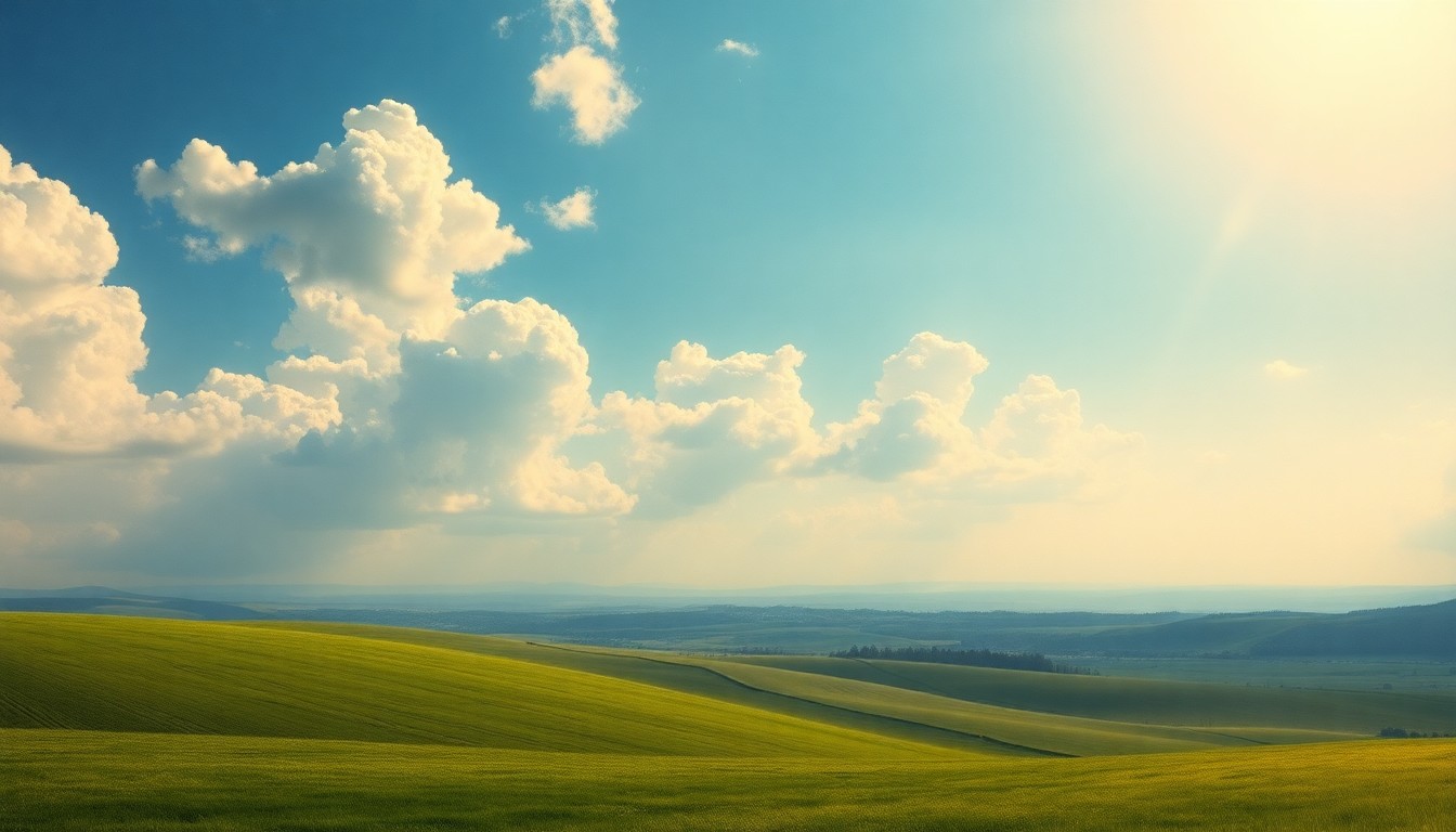 A sweeping, atmospheric landscape painting in muted greens, blues, and golds, capturing the sublime scale and tranquil beauty of a perfect spring day in Tallahassee.