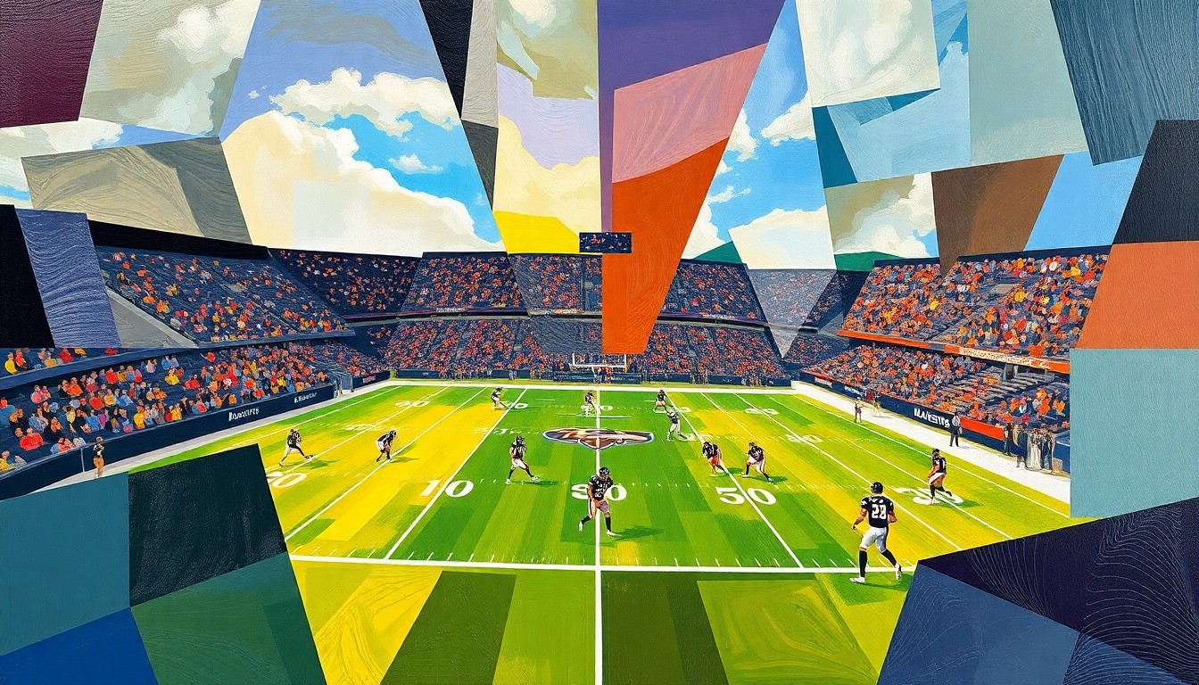 A fractured, multi-perspective painting in a cubist style, breaking down a Ravens football game into sharp, overlapping geometric planes of color and abstract shapes, representing the team's championship aspirations and Lamar Jackson's drive to cement his legacy.