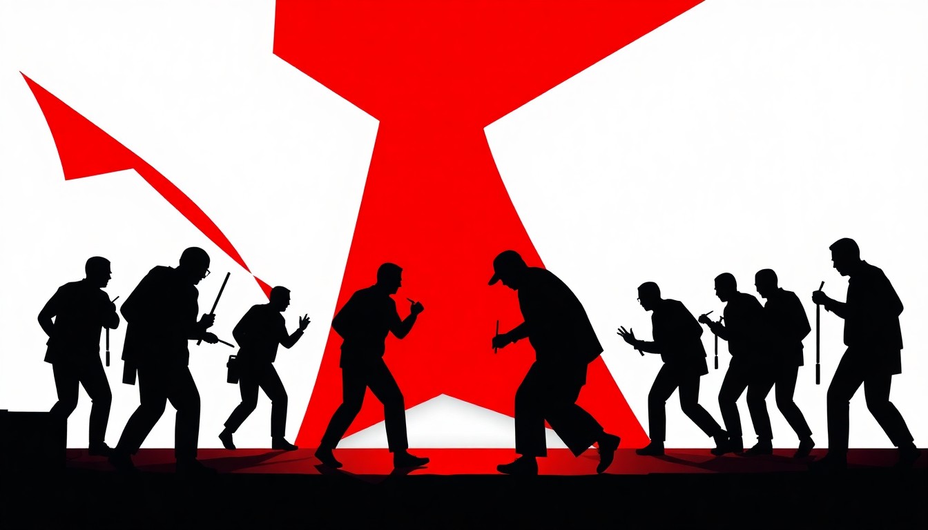 An abstract, minimalist illustration featuring bold, jagged geometric shapes in striking red and white, conceptually representing the idea of sushi as a form of street performance art.