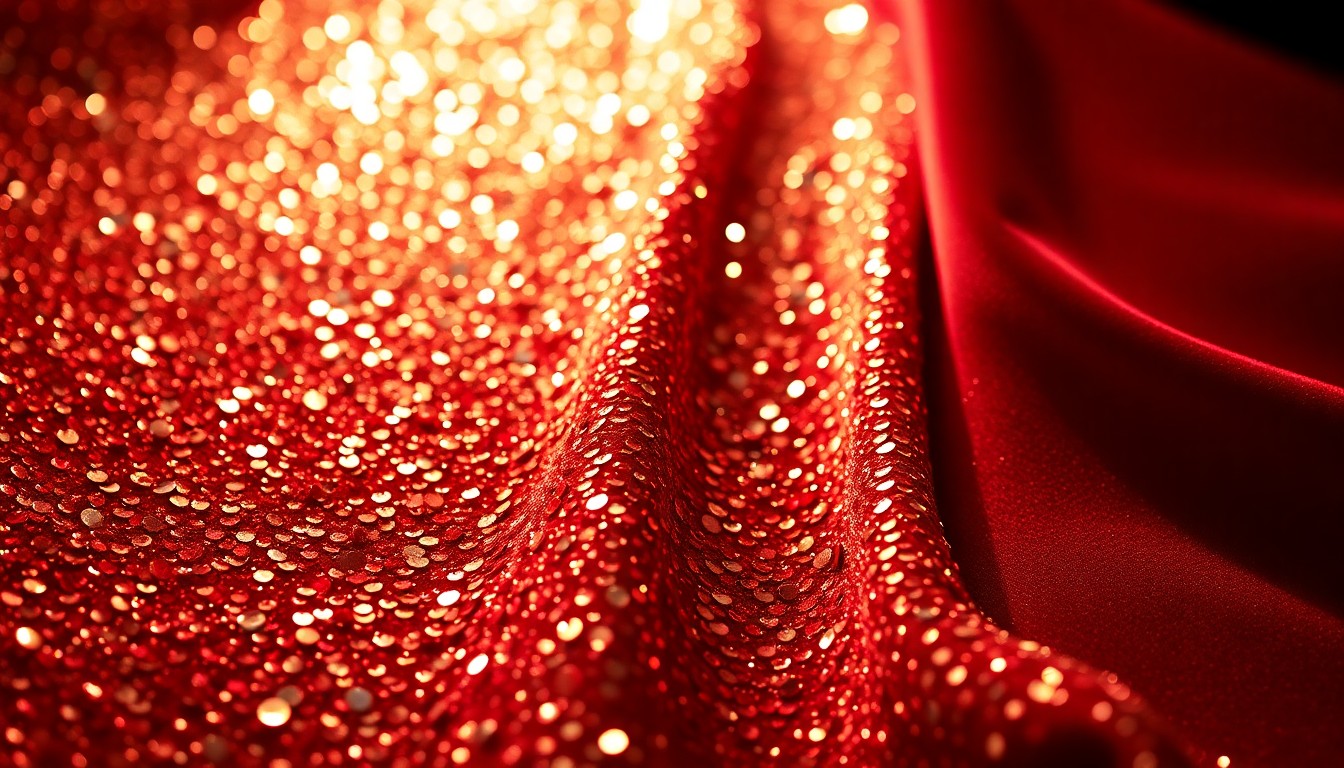 An extreme close-up of a luxurious, glittering fabric texture in high-contrast lighting, conceptually representing the glamour and spectacle of a major musical performance.