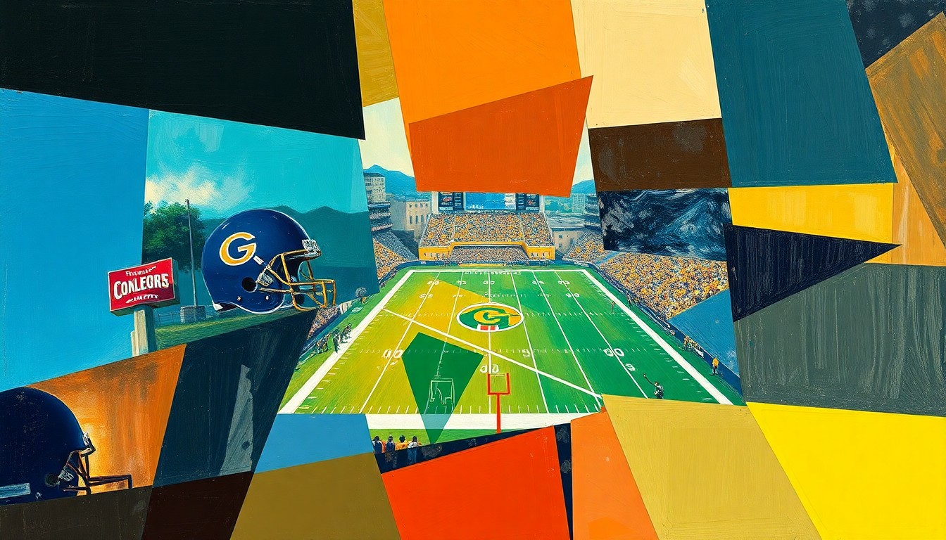 A cubist-style painting depicting a college football game broken down into sharp, overlapping geometric shapes and planes, capturing the raw energy and intensity of the high-stakes competition.