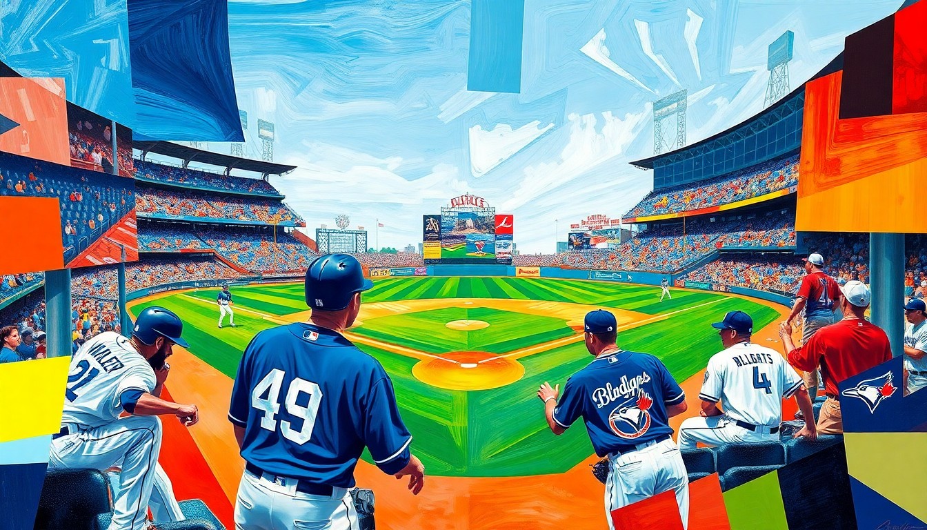 A cubist-style painting depicting a baseball game between the Dodgers and Blue Jays, with the players and field broken down into sharp, overlapping geometric shapes in a vibrant color palette.