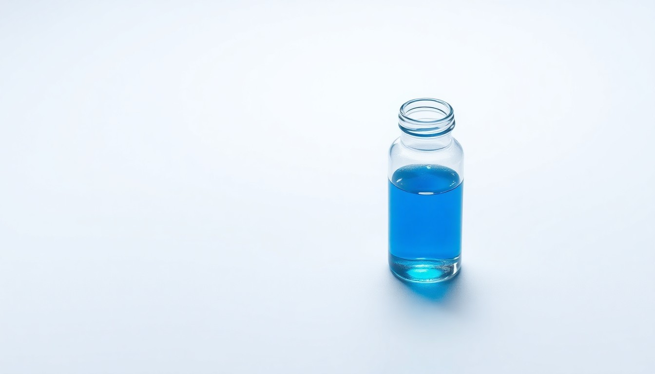 A photorealistic studio still-life photograph showing a polished glass vial filled with a glowing blue liquid, representing the advanced technology behind bispecific antibodies. The vial is elegantly arranged on a clean, white background, using dramatic lighting to convey a sense of scientific precision and innovation.