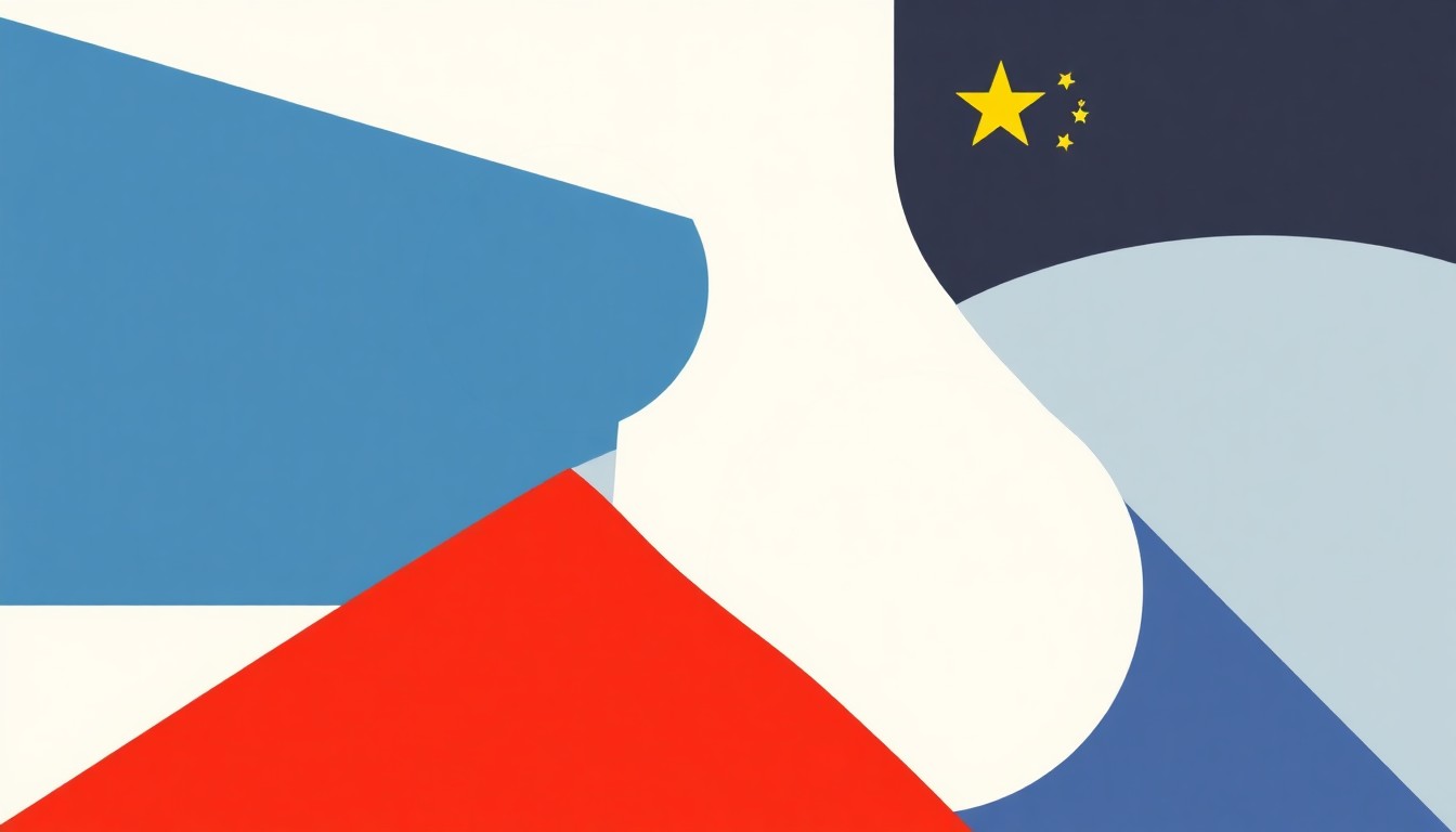 A vibrant abstract illustration composed of overlapping triangles and circles in shades of blue, yellow, and red, conceptually representing the dynamics of currency hedging and export performance in China's economy.