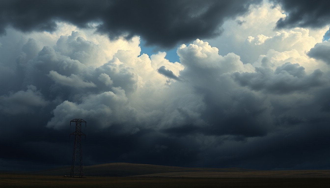 A dramatic, atmospheric landscape painting in the style of Caspar David Friedrich, featuring a lone power line tower silhouetted against a stormy, cloudy sky, conveying the overwhelming scale and power of nature.
