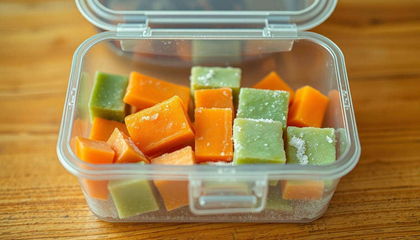 An extremely abstracted, out-of-focus photograph shot through condensation or rain-streaked glass, composed entirely of a lunch container filled with frozen, rectangular meal components in soft pools of warm color and light, conceptually illustrating the playful and organized nature of the 'Lego Lunch' trend.