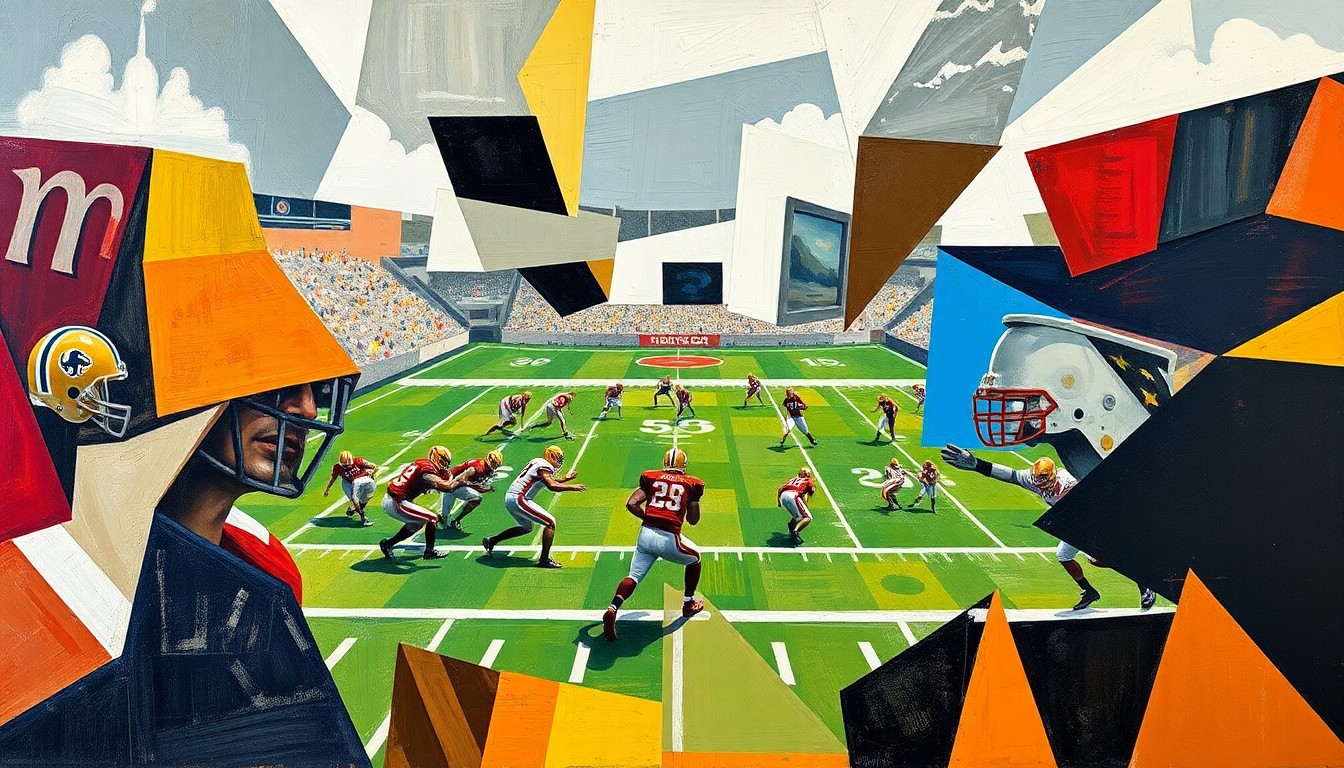 A fractured, geometric painting depicting the abstract shapes and forms of a college football game, representing the dynamic energy and potential challenges of Stanford's hiring of Alabama's assistant coach Jamey Mosley.