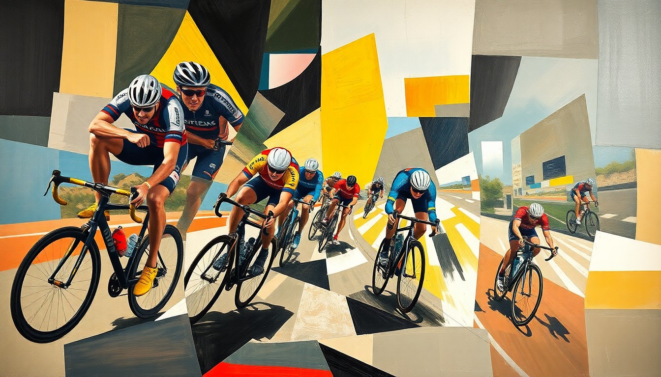 A cubist, fragmented painting depicting a cycling race or competition, with sharp, overlapping geometric shapes and planes representing the chaotic, unpredictable nature of the sport.