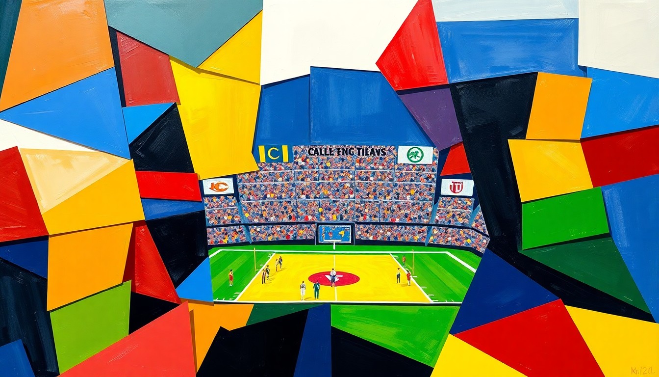 A cubist, geometric painting depicting a fragmented college football playoff game, with overlapping shapes and planes in the official team colors, conveying the energy and excitement of the sport.