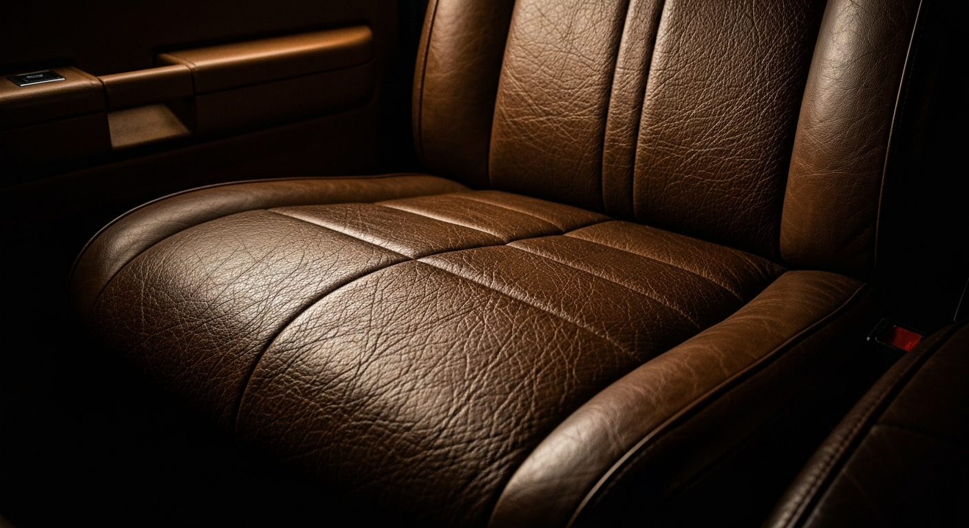 An extreme close-up of the pebbled leather interior of a used pickup truck, with warm, earthy tones and dramatic lighting, conveying the quality and craftsmanship of the vehicle.