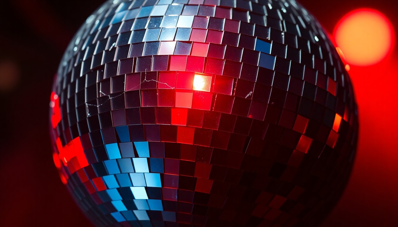 An abstract close-up photograph of a shattered, glittering disco ball reflecting a dim, moody red light, conveying the high-energy, rock 'n' roll spirit of the music.