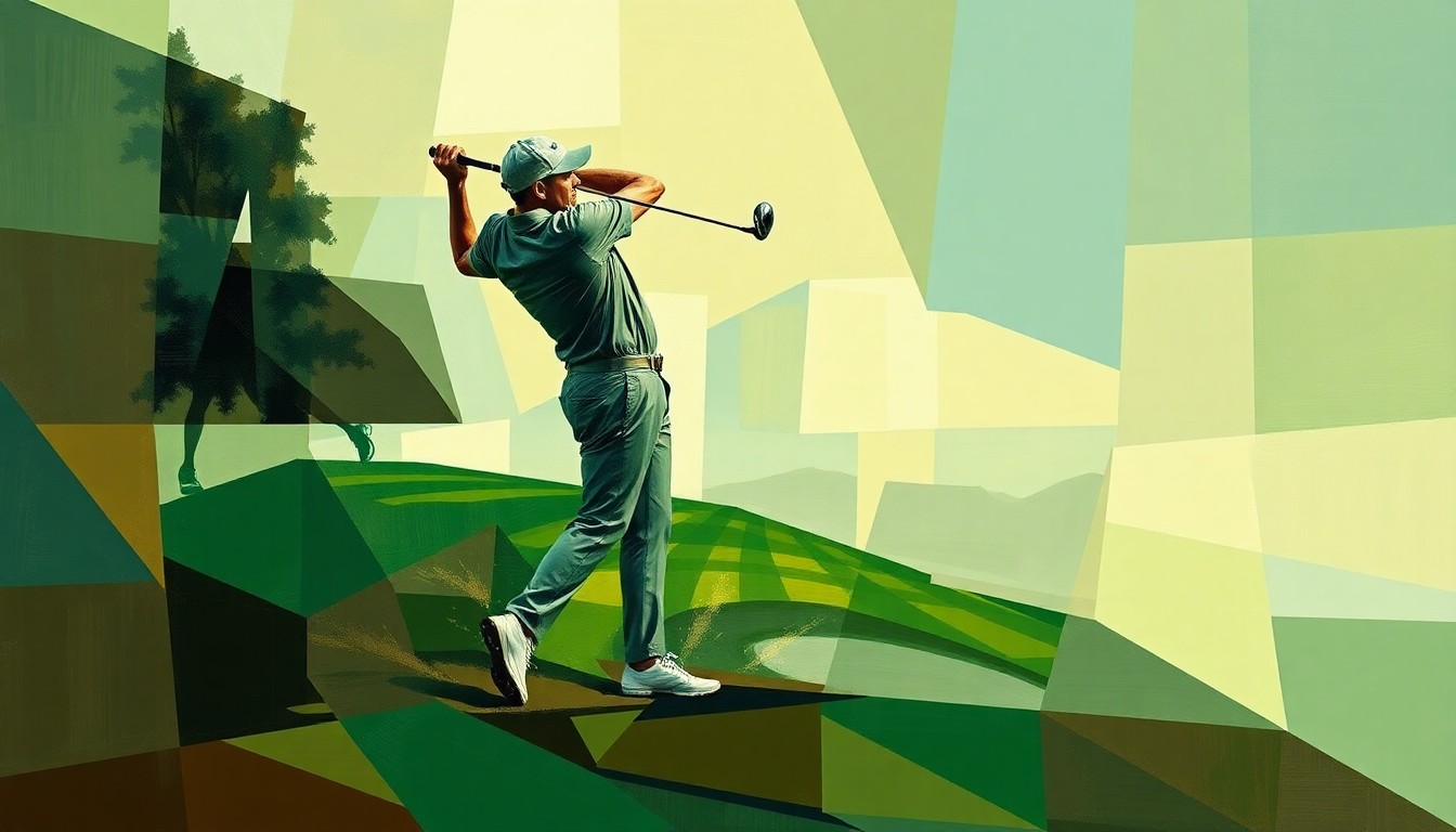 A fractured, geometric painting depicting the overlapping movements and planes of a golfer's swing, with muted colors representing the golf course. The image conceptually illustrates the fragility of a young player's pursuit of a Masters invitation, disrupted by an unexpected injury.