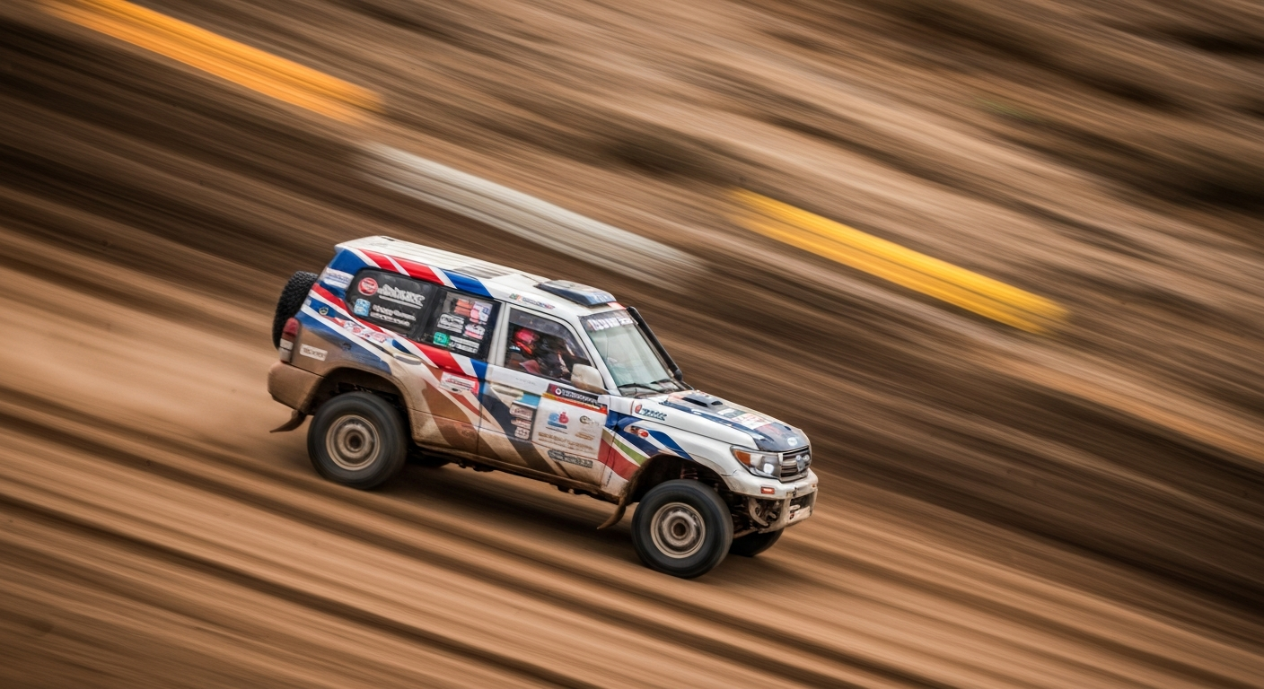 An abstract, sweeping image of a diesel Toyota Land Cruiser racing through the Dakar Rally, its motion captured in a blur of vibrant colors and dynamic lines, conveying the energy and determination of the competitors.