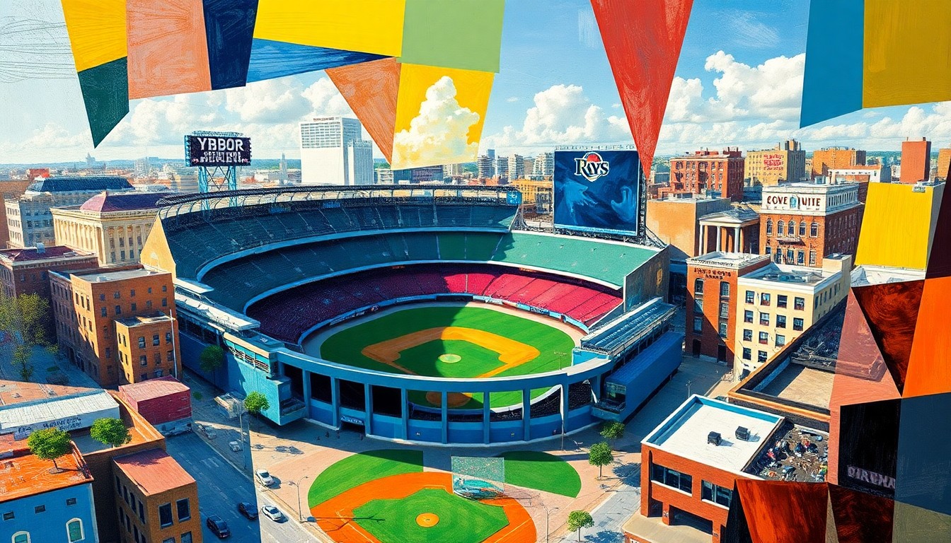 A cubist-style painting depicting a baseball stadium and surrounding urban landscape, with sharp geometric shapes and vibrant colors representing the dynamic interplay between the new stadium and the existing Ybor City neighborhood.
