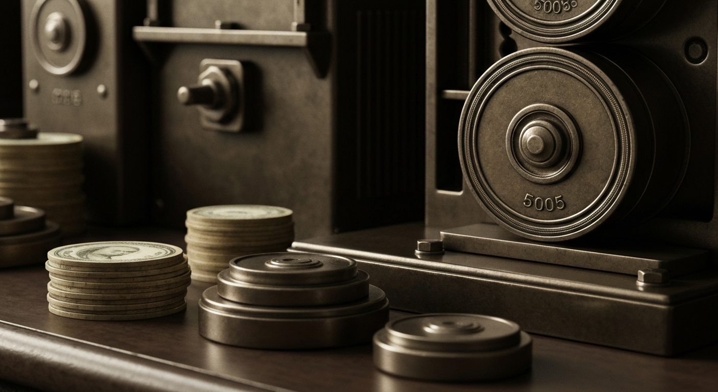 A highly detailed, black and white close-up image of the gears, levers, and mechanisms that make up the heavy, industrial machinery of a bank's vault and security systems, conveying a sense of the tangible, physical nature of financial institutions and wealth storage.