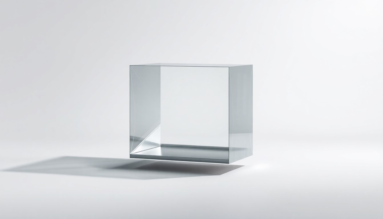 A highly detailed, photorealistic studio photograph of a sleek, geometric bag-in-box container made of premium materials like brushed aluminum and tempered glass, floating on a clean, monochromatic background and dramatically lit to showcase its advanced design.