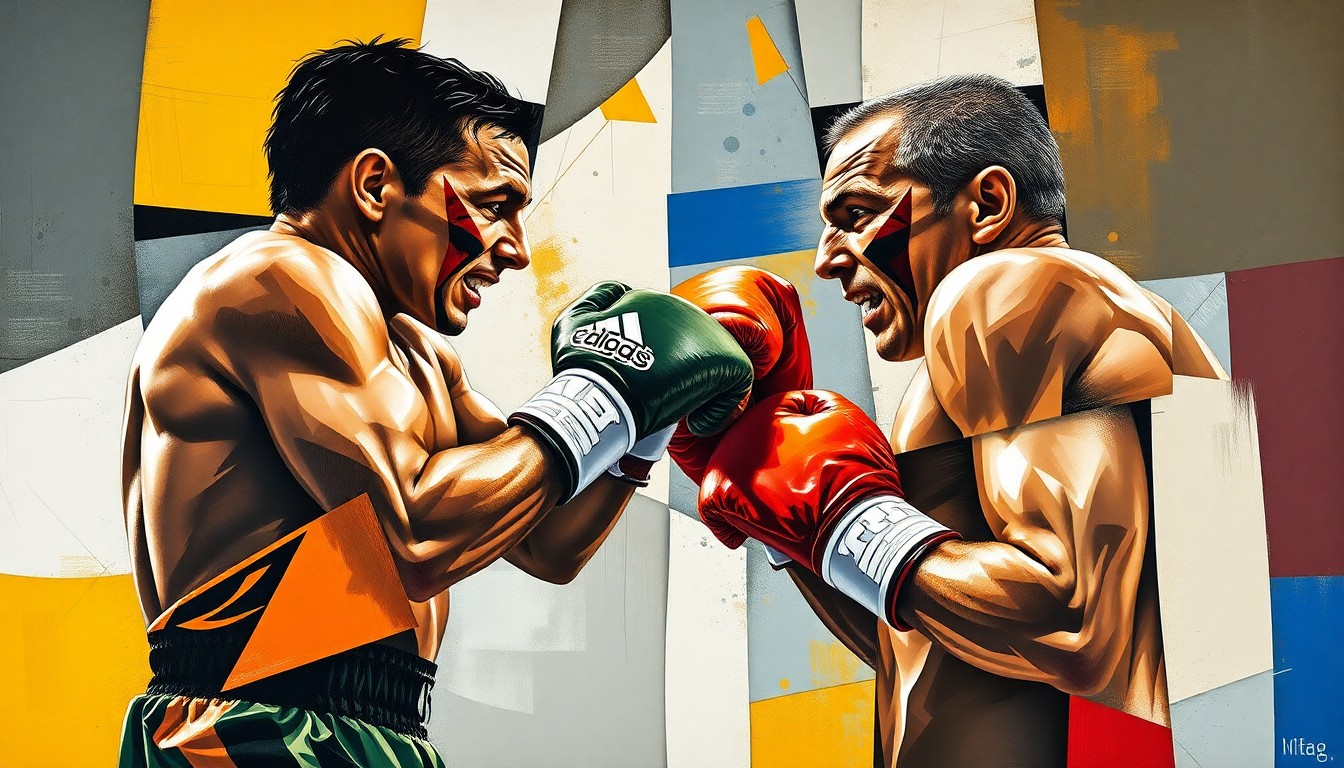 A cubist-style painting depicting a boxing match between two figures, their forms broken down into sharp, overlapping geometric shapes in a vibrant color palette.