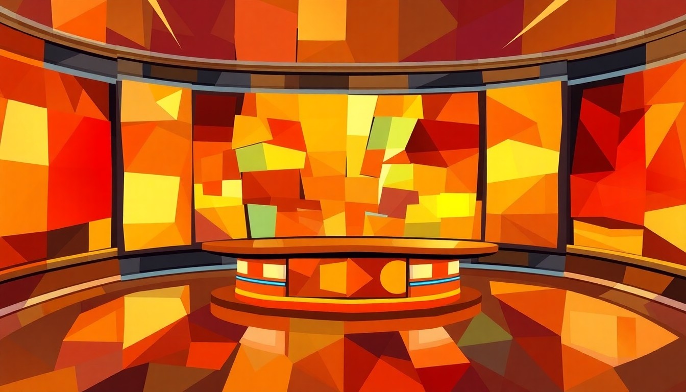 A dynamic, abstract painting in warm hues depicting a fragmented, overlapping news studio or anchor desk, symbolizing the disruption and transformation of traditional television news.