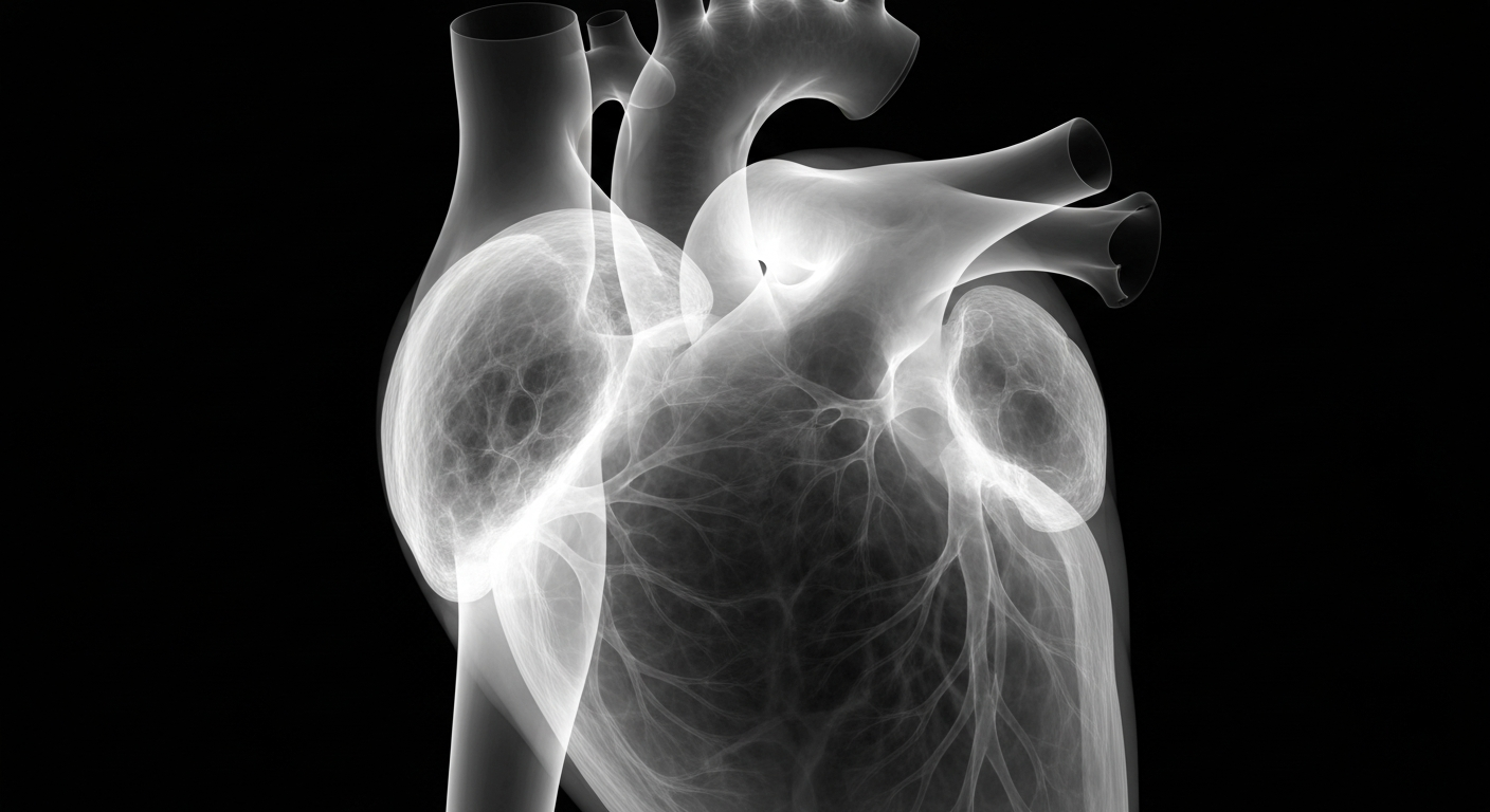 An extreme close-up of a translucent, ghostly X-ray image of a human heart, with its intricate structures and vessels visible as glowing lines against a dark background, conceptually representing the health inequalities in Chicago.
