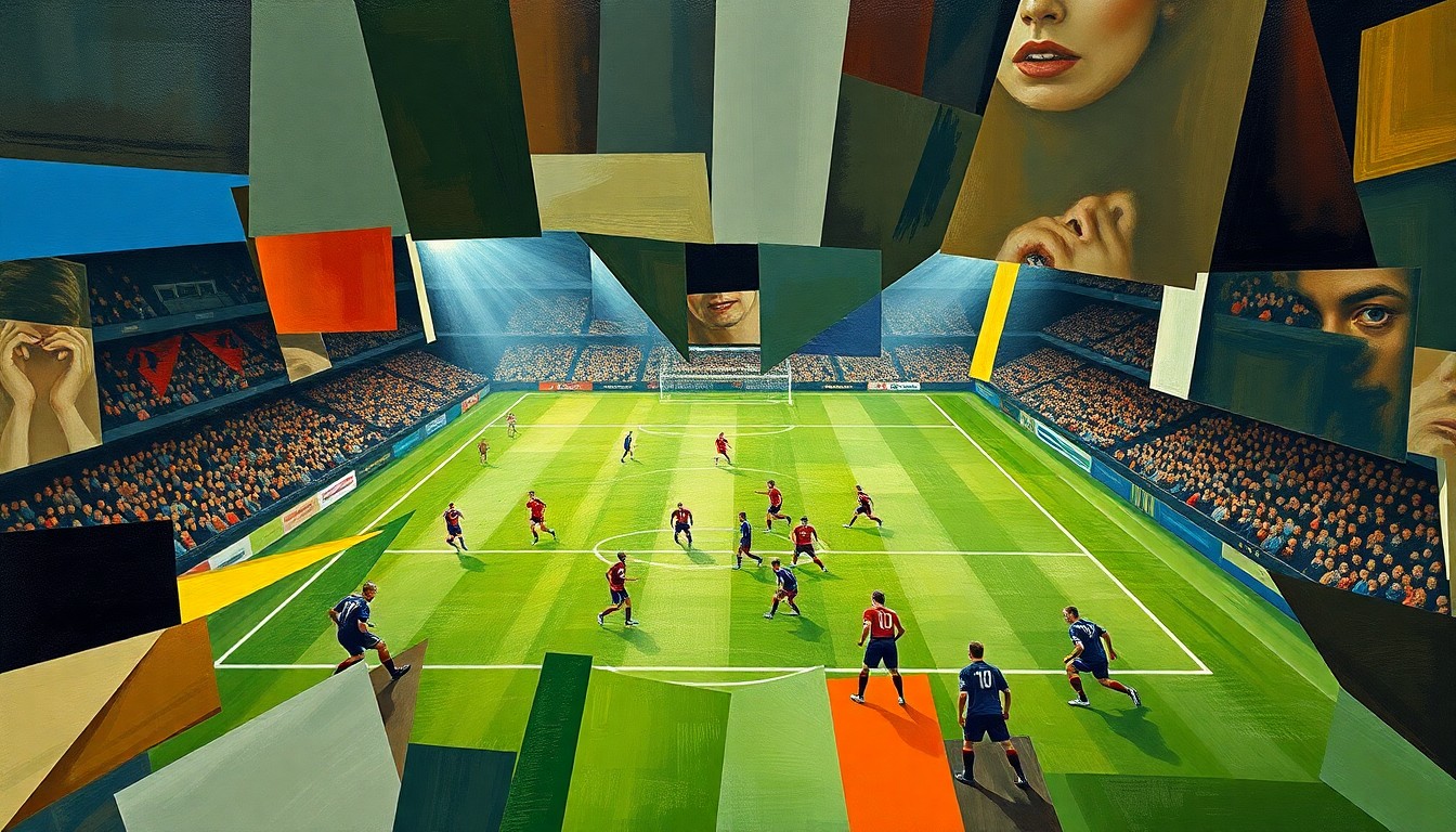 A cubist, geometric painting depicting fragmented, overlapping shapes and planes that represent the motion and energy of a soccer training session or match, conveying the anticipation of injured players making their return to the field.
