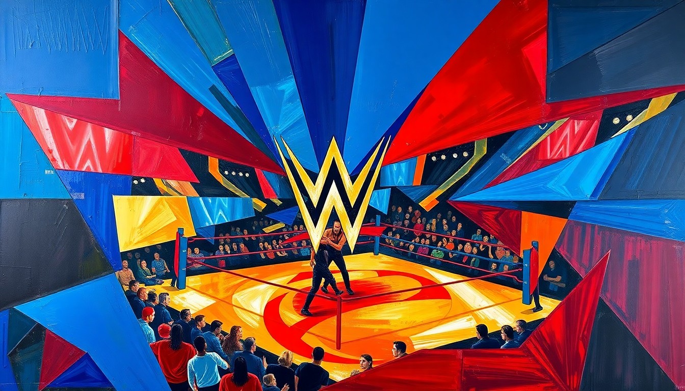 A fragmented, multi-angled painting featuring sharp, overlapping geometric shapes in a bold color palette, conceptually representing the intensity and spectacle of a major WWE wrestling event.