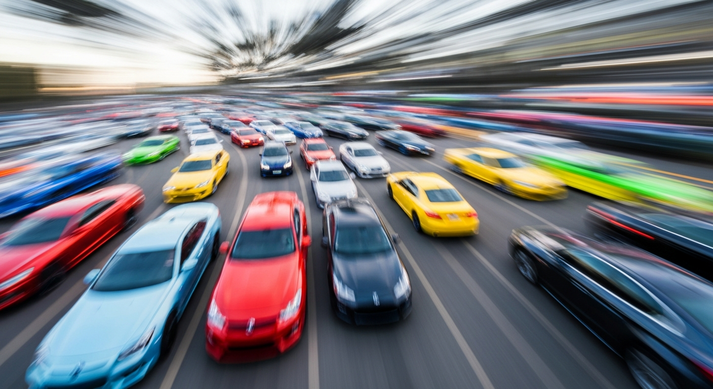 An abstract, colorful image with sweeping, blurred lines representing various new cars in motion, conveying the dynamic and varied preferences of today's car buyers.