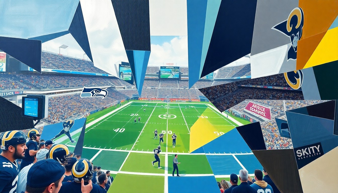 A cubist-style painting depicting a football game, with the players and field broken down into sharp, overlapping geometric shapes and planes, conveying the sense of a contested and controversial match.