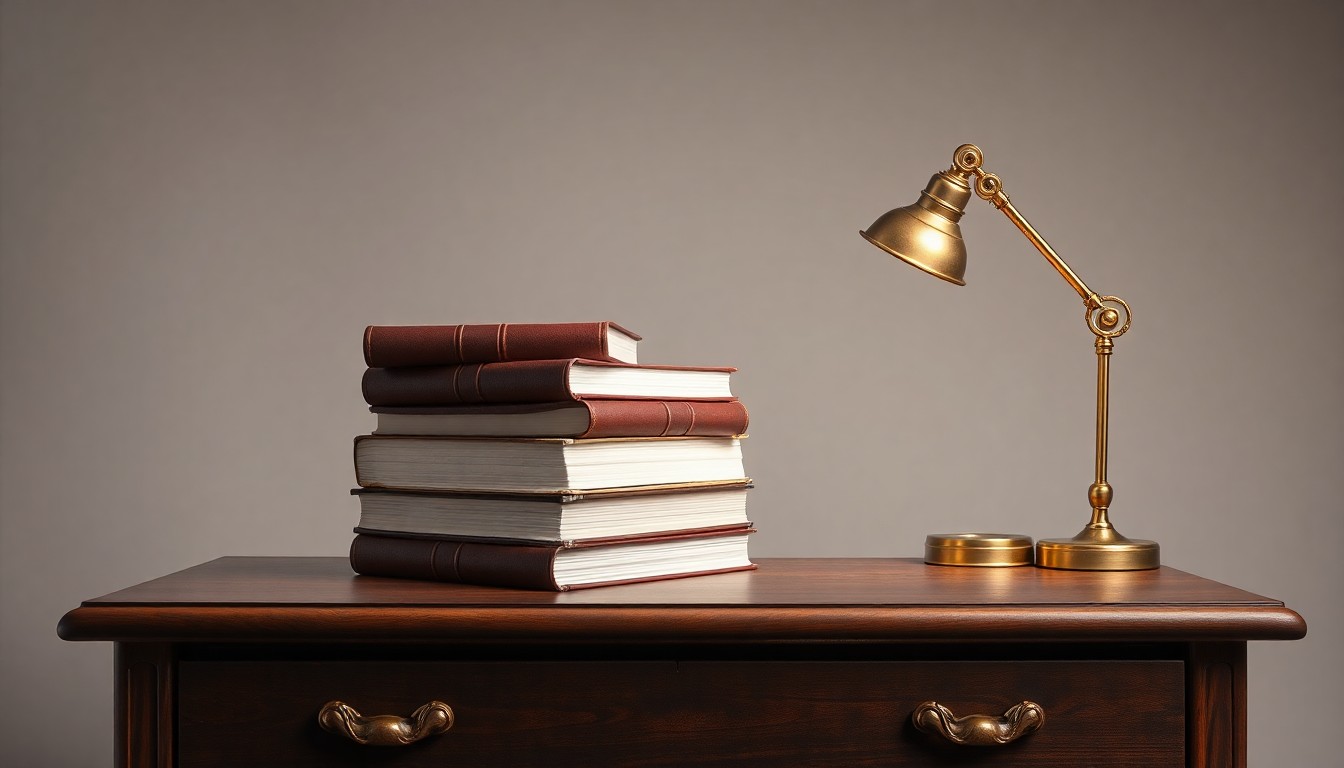 A minimalist studio still life featuring a stack of leather-bound books, a brass desk lamp, and a polished wooden desk on a clean, monochromatic background, conceptually representing the power of education and philanthropy to shape political leadership.