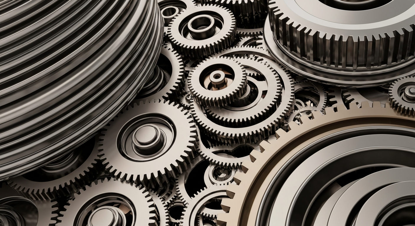 An extreme close-up of intricate, polished gears and machinery in shades of steel gray, bronze, and chrome, conceptually representing the complex financial and technological infrastructure powering the biotech industry.