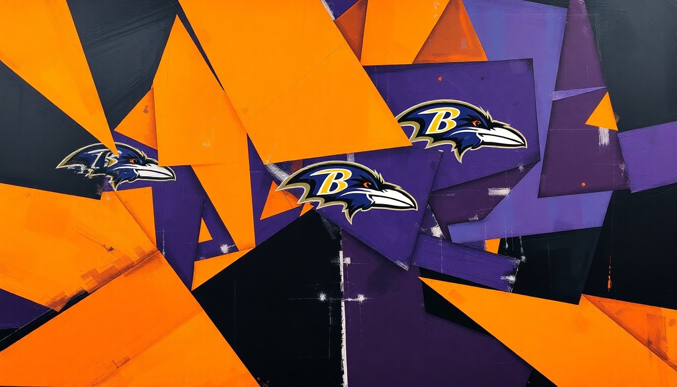 A cubist, geometric painting depicting a fragmented Ravens football game, with sharp, overlapping planes of the team's colors representing the urgency and high stakes of their upcoming season.