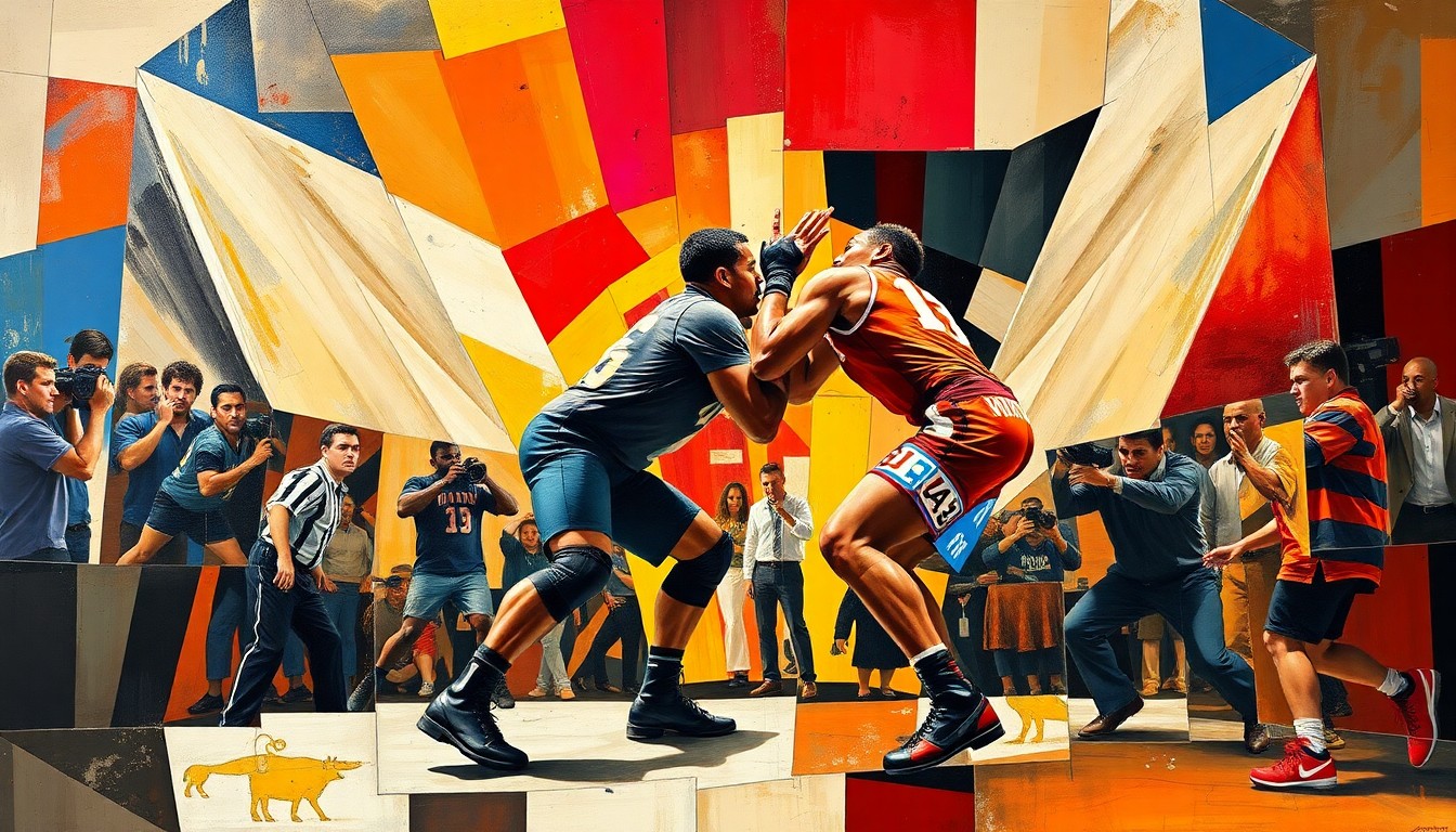 A cubist-style painting featuring overlapping geometric shapes and planes, representing the multifaceted nature of the controversy surrounding Kevin Nash's comments about wrestler Je'Von Evans and the broader challenges of representation in the wrestling industry.