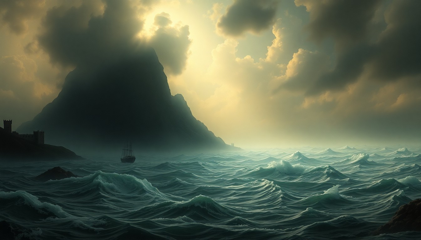 A sweeping, atmospheric landscape painting in muted tones of grey, blue, and white, depicting a vast, flooded expanse with only the faint outlines of submerged structures visible, conveying the overwhelming force of nature and the vulnerability of urban environments.