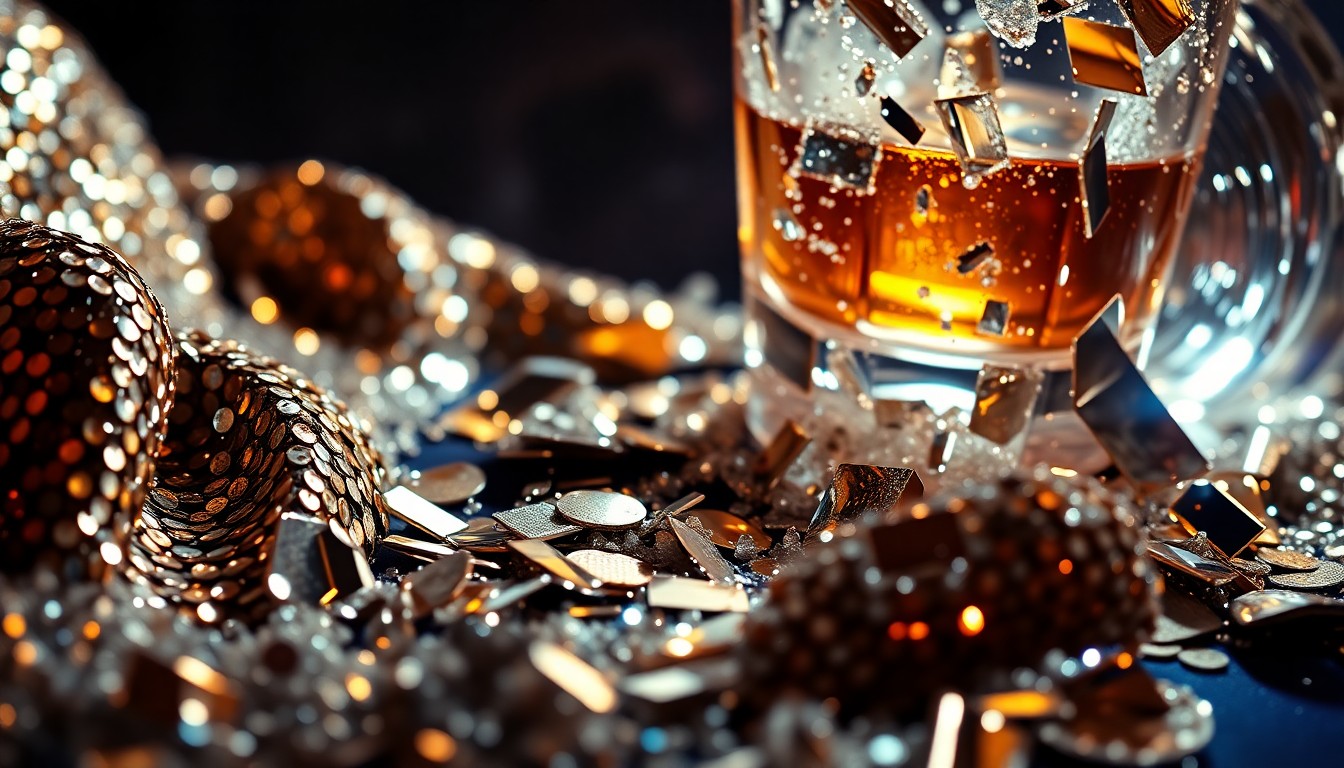 An extreme close-up photograph of shimmering sequins and shattered glass, capturing the luxurious textures and dramatic lighting of a glamorous celebrity event.