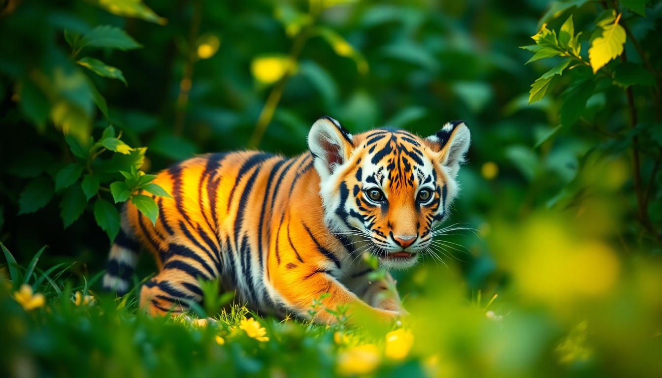 An extremely abstracted, out-of-focus photograph of a Sumatran tiger cub playing in a verdant, natural setting, with soft pools of warm light and color creating a hazy, atmospheric scene that evokes the beauty and fragility of this endangered species.
