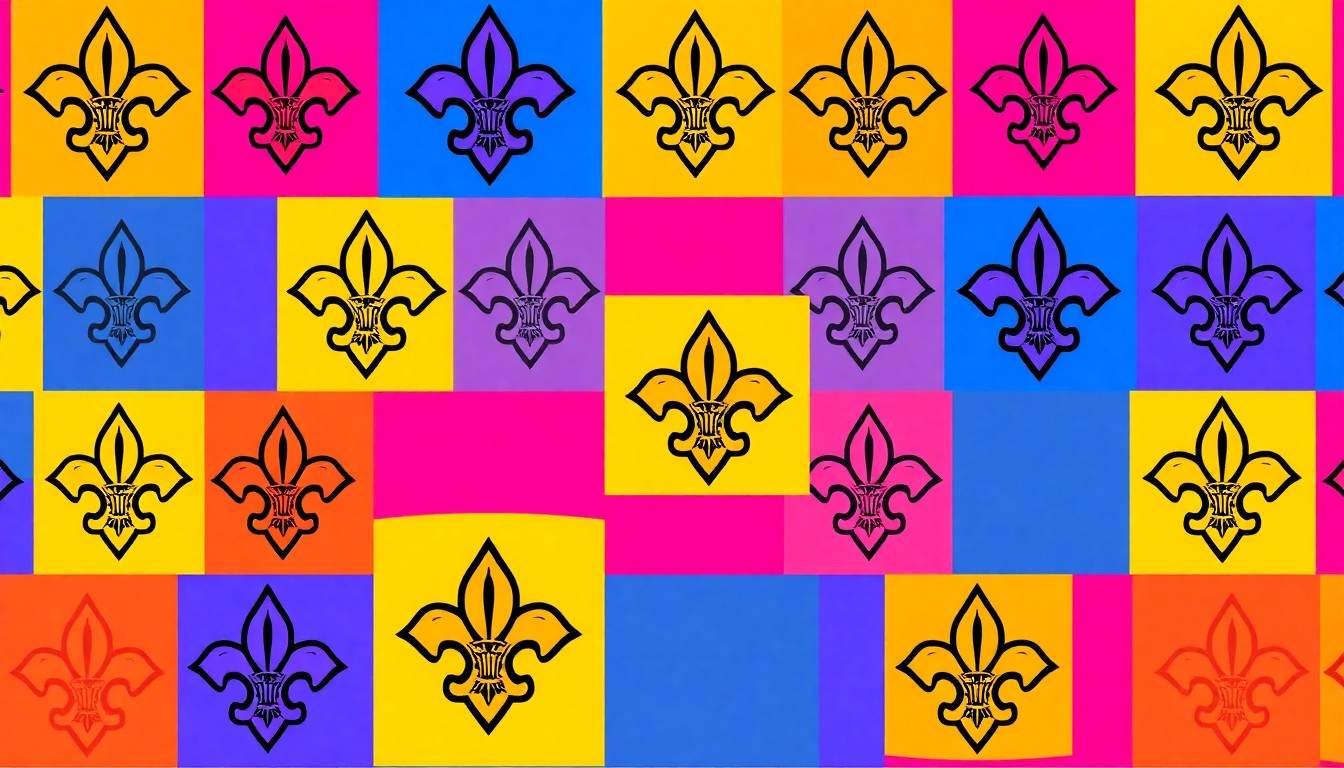 A bold, colorful silkscreen-style illustration featuring a repeating pattern of a Boy Scout uniform patch in bright neon hues, conceptually representing the pride and accomplishment of Troop 513's national recognition.