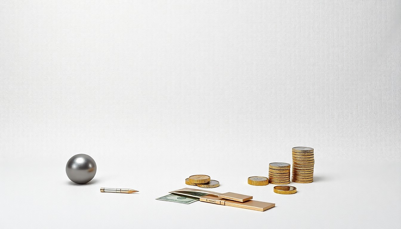 A photorealistic studio still life featuring a polished metal gear, a glass beaker, and a sleek, angular block of concrete arranged on a clean, white background, conceptually representing the strategic positioning and technological innovation driving growth in the building products industry.