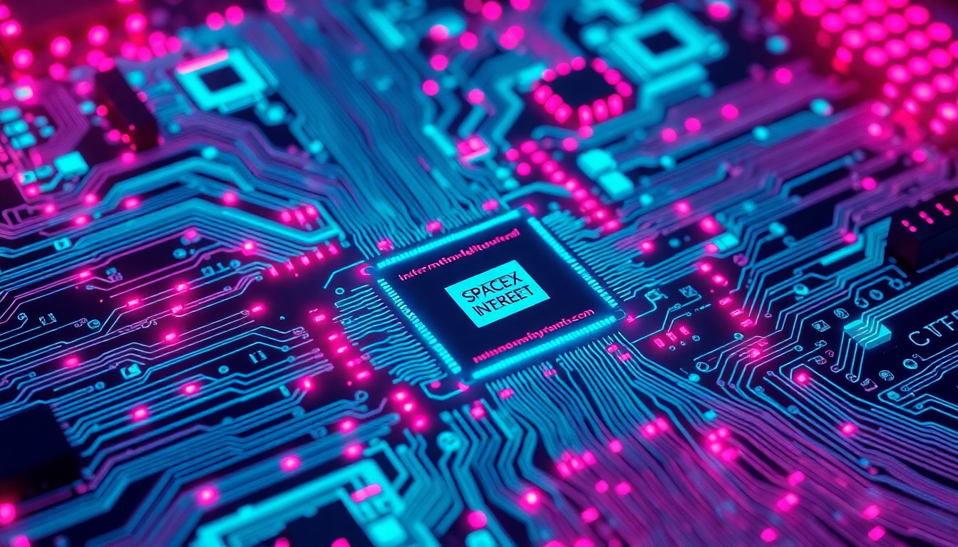 A highly detailed, glowing 3D illustration of a complex circuit board with intricate patterns of neon cyan and magenta lights, conceptually representing the advanced semiconductor infrastructure powering SpaceX's satellite internet technology.