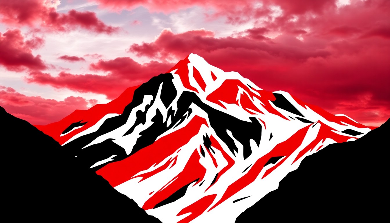 An abstract, minimalist illustration featuring stark black silhouettes of the iconic Pikes Peak mountain against a dramatic red and white sky, conveying the concept of a high-profile broadcast being blocked from viewers.