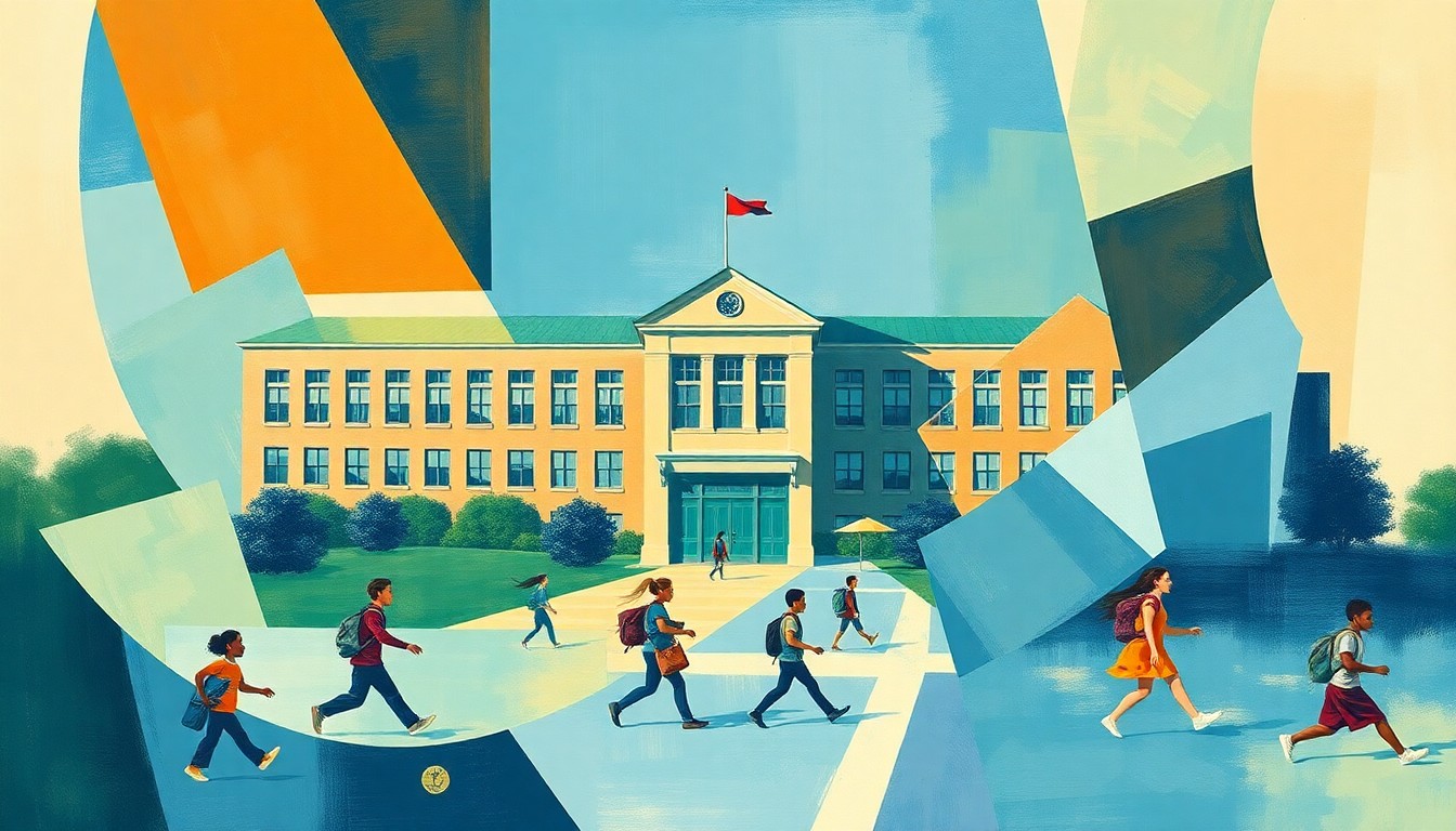 An abstract, fragmented painting featuring overlapping geometric shapes and brushstrokes in shades of blue, green, and orange, representing the complex and multifaceted nature of the debate over political activism in schools.