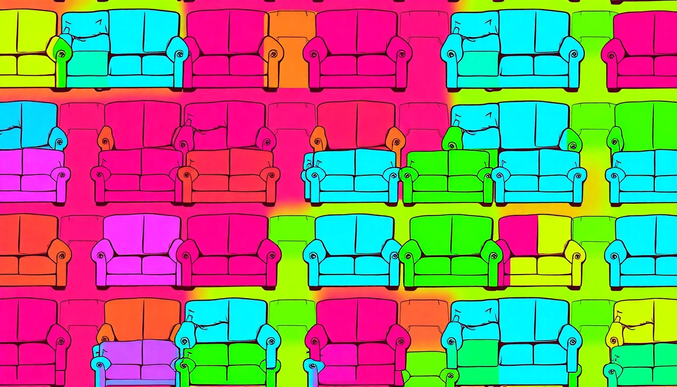 A bold, colorful silkscreen-style illustration featuring a discarded sofa repeated in a grid pattern, conceptually representing the new bulk trash pickup program in Manatee County.