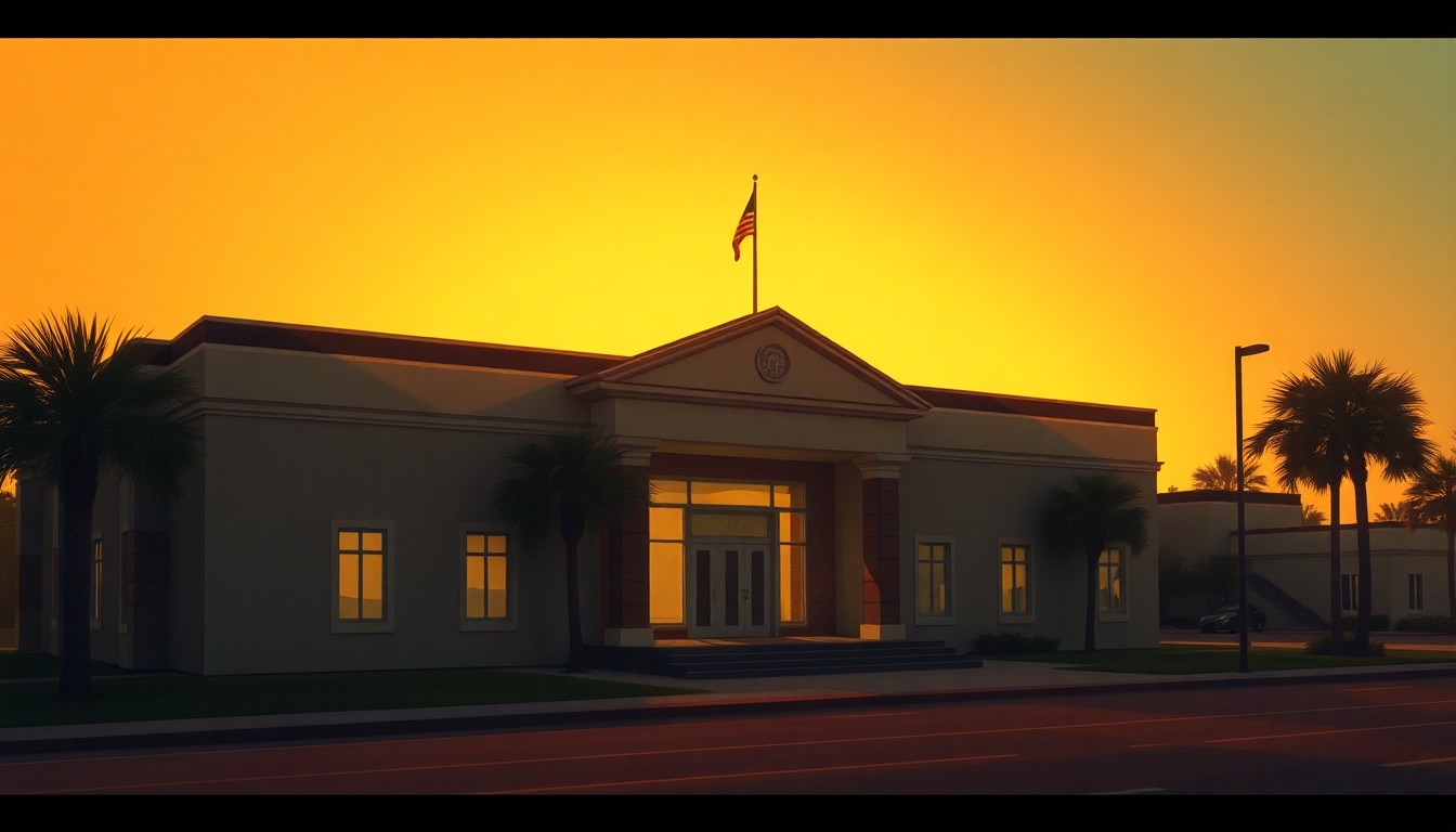 A photorealistic painting of a government building in Manatee County, Florida, with warm sunlight casting deep shadows across the facade, conveying a sense of quiet civic importance.