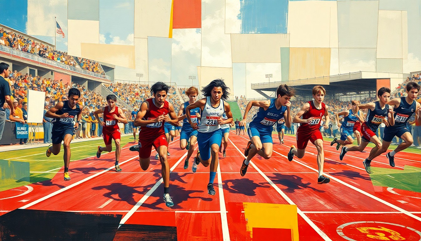 A fragmented, geometric painting depicting the dynamic movements and overlapping perspectives of athletes competing in a track and field event, rendered in the cubist style of Pablo Picasso.